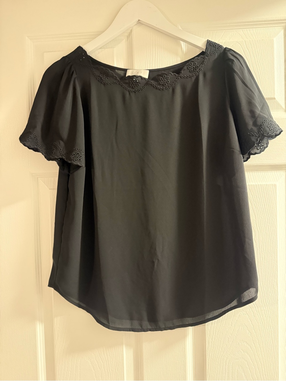 Black Eyelet-Trim Short Sleeve Blouse LOFT Outlet